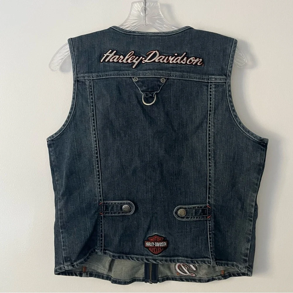 Harley Davidson Denim Zip Blue Motorcycle Patch Vest Large - Picture 5 of 8